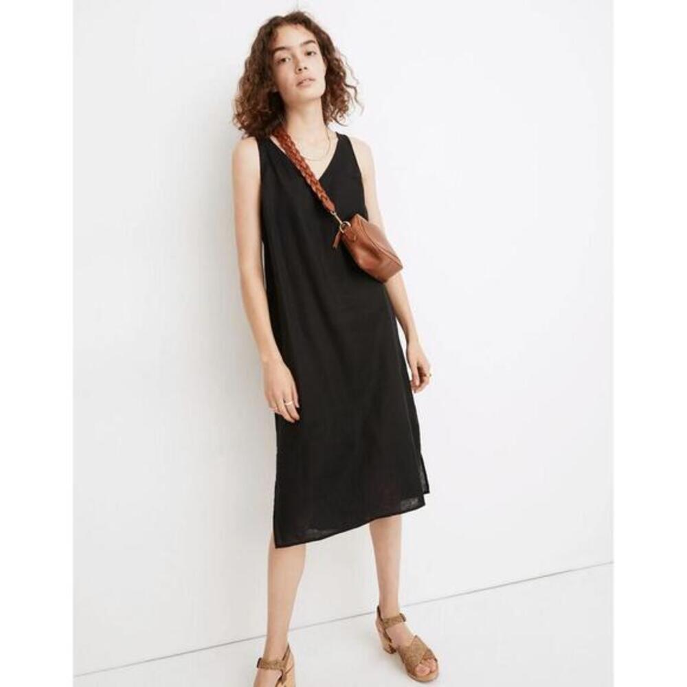 Madewell Linen Dress Womens Black Midi Sleeveless VNeck Minimalist New unworn